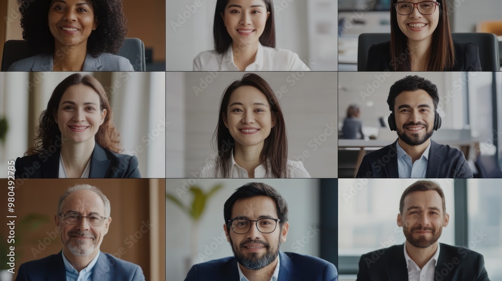 Fototapeta premium Group of executives from different countries in a conference room, engaged in a video call with colleagues overseas, showcasing international business communication