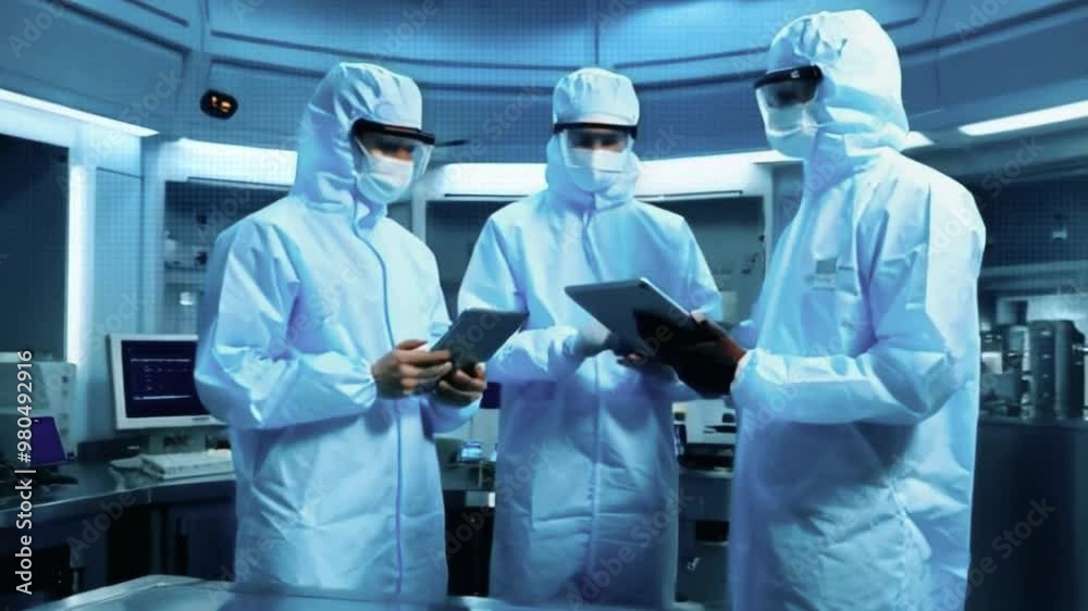 Three people in protective suits using a tablet in a clean room. Three people in protective suits using a tablet in a clean room.
