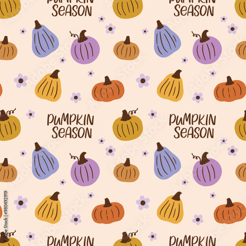 Pattern with hand drawn pumpkins and small flowers. Pumpkin season lettering. Vector illustration.
