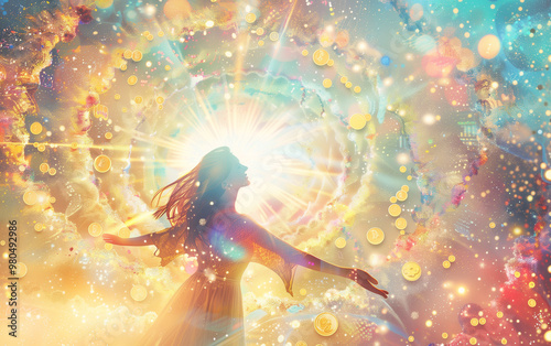 A girl with her arms open, viewed from the back, stands amidst a galaxy vortex with rays radiating from a giant white sun at its center. Colorful swirling light emanates outward, 