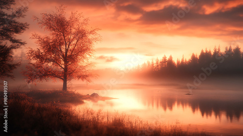 Autumn Landscape background - Trees And Orange Foliage In Park At Sunset 