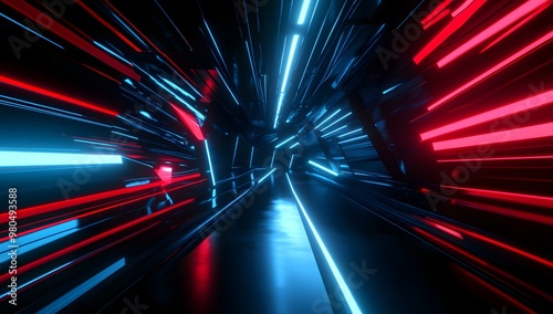 Fototapeta Naklejka Na Ścianę i Meble -  3D render, an abstract futuristic background with neon blue and red lights in a dark room. Tunnel