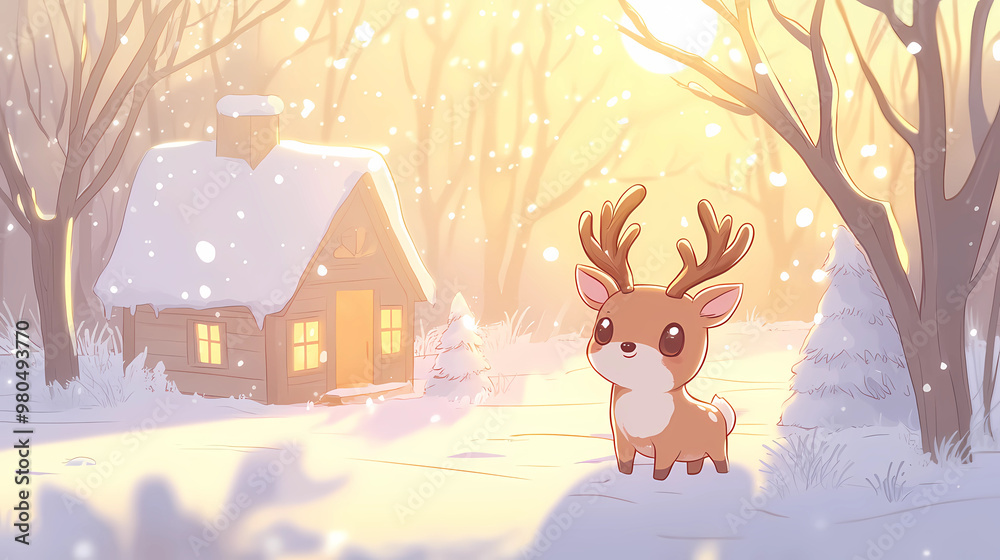 Fototapeta premium Christmas Card with reindeer night winter scene in Watercolor, generated ai