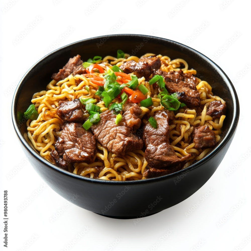 dry instant chicken bowl fried noodles placed in bowl , front view, beef piece placed in bowl dry instant chicken bowl fried noodles placed in bowl , front view, beef piece placed in bowl
