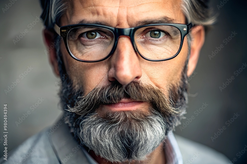 Close-up portrait of a middle-aged man with a beard and glasses. Close-up portrait of a middle-aged man with a beard and glasses.
