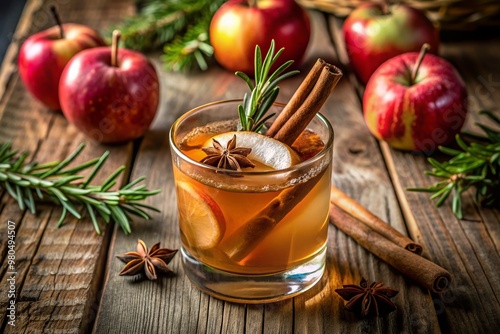 Warmly lit close-up of a autumn-inspired apple cinnamon cocktail with spiced liquor, fresh rosemary garnish, and caramel syrup, set against a rustic wooden backdrop.