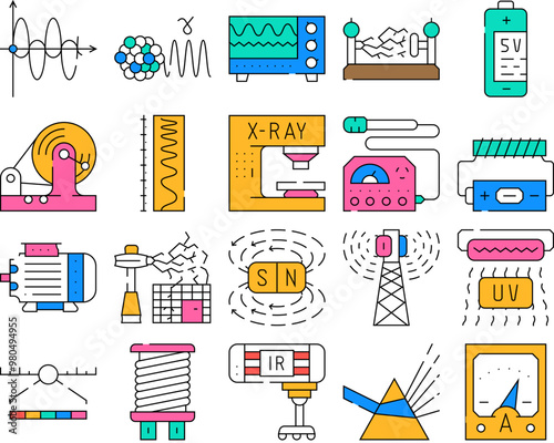 Electromagnetic Science Physics Icons Set Vector. Electromagnetic And Ultraviolet Waves, X-ray Electronic Equipment And Spectrum Range, Prism Light And Sv Battery Contour Illustrations photo