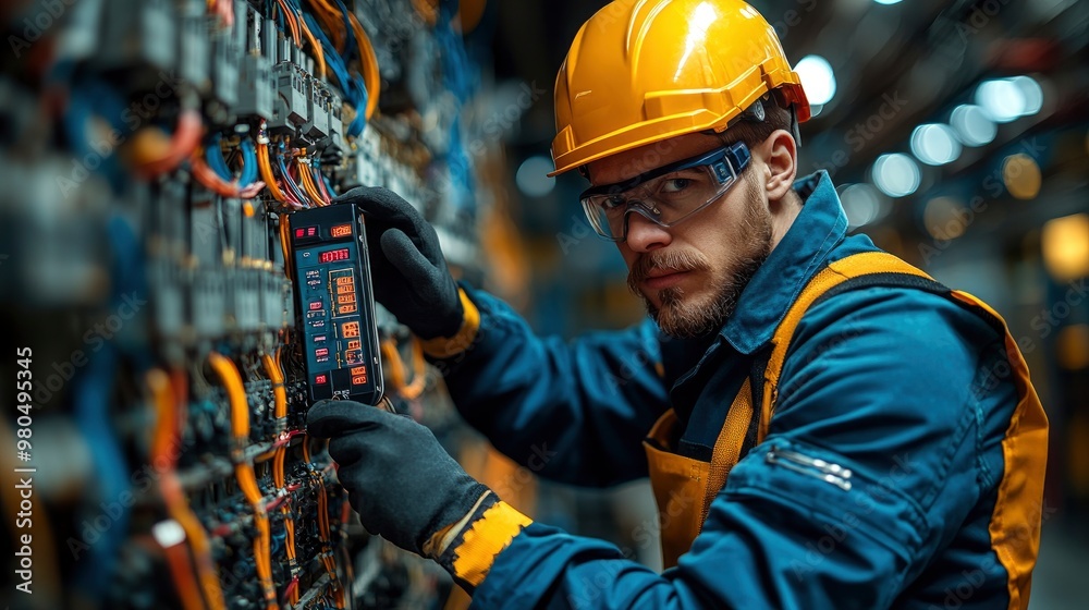Electrician working on electrical panel in industrial factory Electrician working on electrical panel in industrial factory