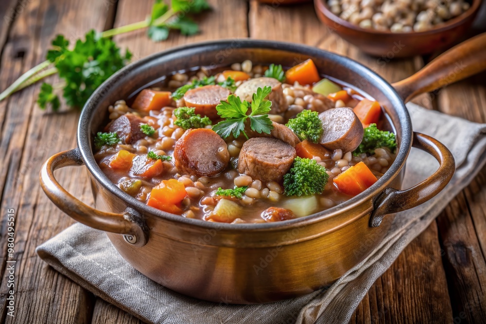 Hearty buckwheat and sausage stew simmers in a rustic pot, filling the air with savory aromas and tantalizing the senses on a cold winter day. Hearty buckwheat and sausage stew simmers in a rustic pot, filling the air with savory aromas and tantalizing the senses on a cold winter day.