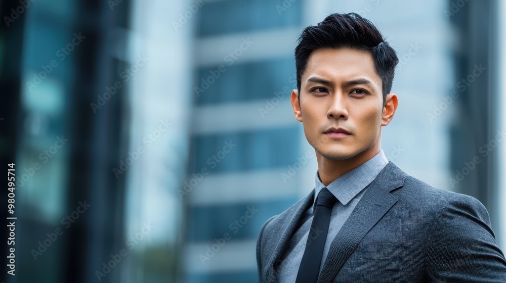 Confident Asian Businessman in Sleek Suit Posing in Modern Business District Confident Asian Businessman in Sleek Suit Posing in Modern Business District