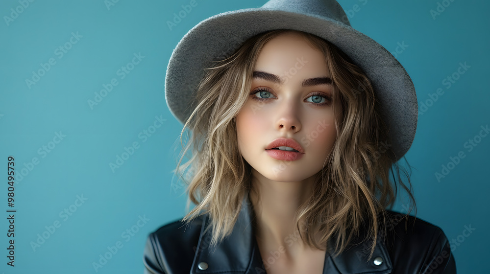 Young beautiful woman with wavy hair in gray hat and black leather jacket dreamily looking in camera over blue background Young beautiful woman with wavy hair in gray hat and black leather jacket dreamily looking in camera over blue background