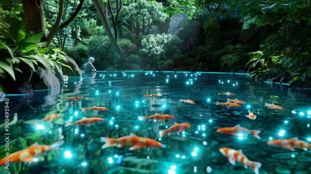 Fototapeta premium Enchanted Forest Pond with Koi Fish and Glowing Lights