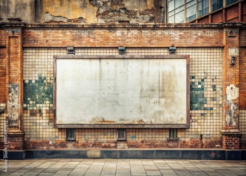 Vintage urban backdrop features a large blank billboard attached to a distressed old street wall with worn brick texture and faded ceramic tiles. photo