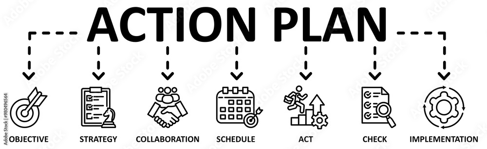 Action Plan banner web icon vector illustration concept with icon of objective,strategy,collaboration,schedule,act,check,implementation Action Plan banner web icon vector illustration concept with icon of objective,strategy,collaboration,schedule,act,check,implementation