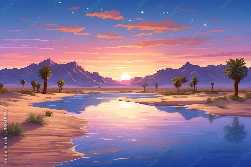 Fototapeta premium Desert Oasis at Twilight: A sprawling desert landscape with towering sand dunes, stretching as far as the eye can see