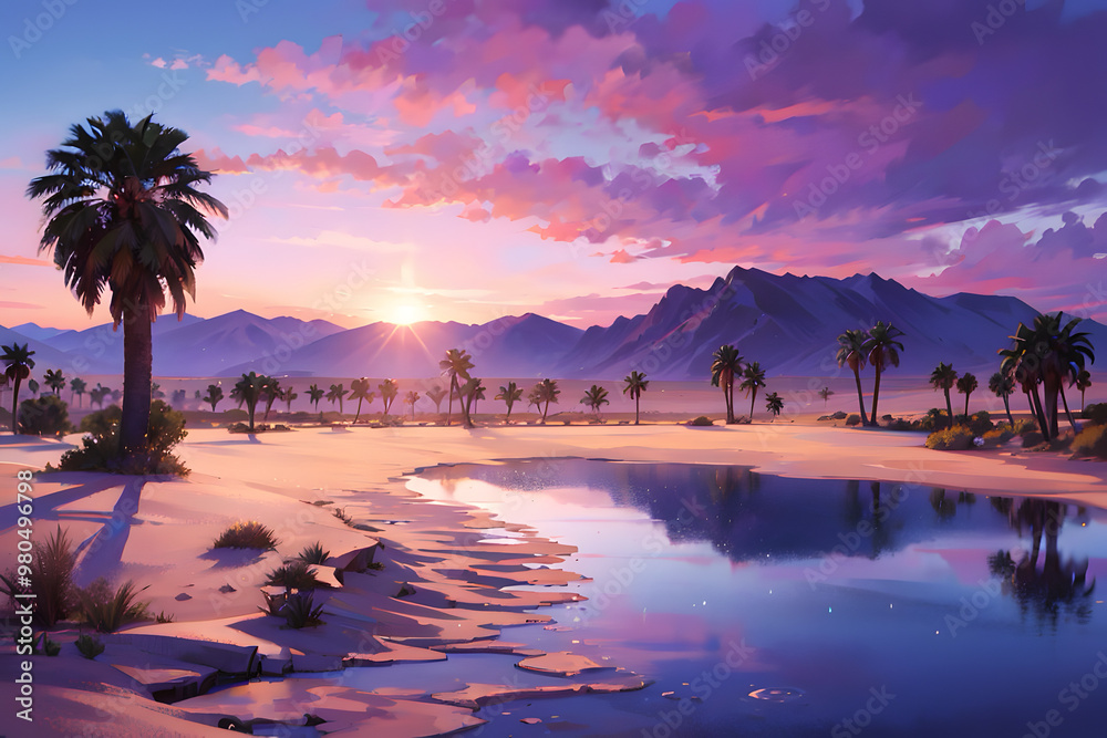 Fototapeta premium Desert Oasis at Twilight: A sprawling desert landscape with towering sand dunes, stretching as far as the eye can see