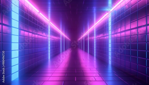 3D render, an abstract geometric background with neon blue and purple lights shining on the wall of blocks in a tunnel. 