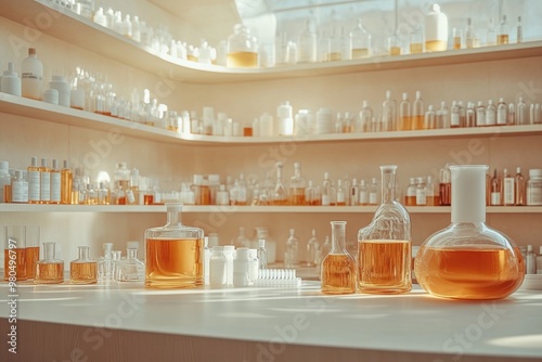 Bright and sunny laboratory filled with glass beakers and flasks holding amber-colored liquids, arranged neatly on shelves. photo