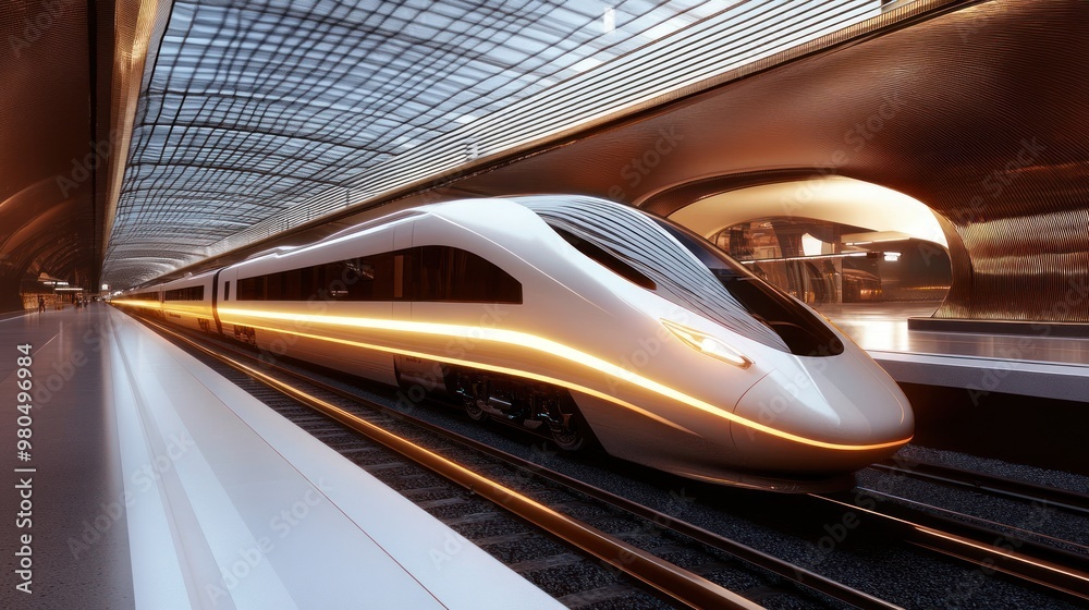 High-speed train speeding through a modern railway station, symbolizing efficient international transportation networks with a sleek and futuristic design High-speed train speeding through a modern railway station, symbolizing efficient international transportation networks with a sleek and futuristic design