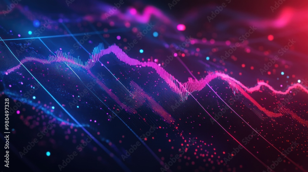Obraz premium Innovative forex chart design blending modern geometric shapes and vibrant color gradients, showcasing currency exchange trends with sleek, stylized lines and data points in a tech-inspired layout