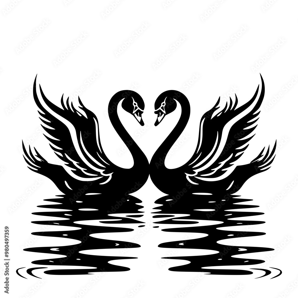 Romantic Black Swans Facing Each Other in Silhouette, Elegant silhouette of two black swans facing each other, wings spread, reflecting love and unity on calm waters.
Romantic Black Swans Facing Each Other in Silhouette, Elegant silhouette of two black swans facing each other, wings spread, reflecting love and unity on calm waters.