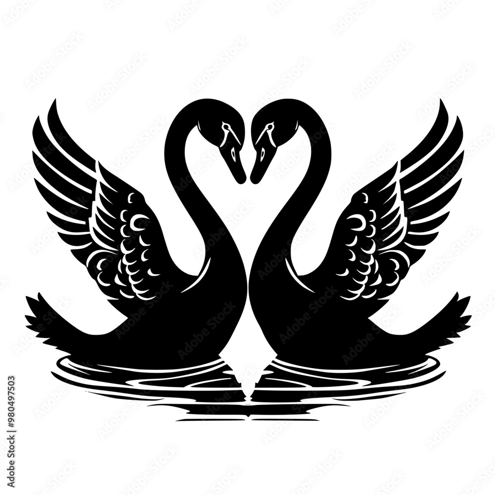Obraz premium Romantic Black Swans Facing Each Other in Silhouette, Elegant silhouette of two black swans facing each other, wings spread, reflecting love and unity on calm waters. 
