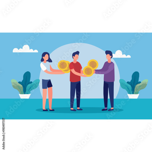 Three People Boy and Girl Giving Each Other Coin Money. Charity Day Ideas Background Poster Vector Flat Design