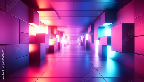 3D render, an abstract geometric background with neon blue and purple lights shining on the wall of blocks in a tunnel. 