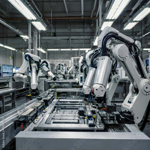 automation semiconductor manufacturing with robotic arms in factory generated by AI