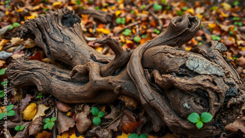 A knotted and weathered branch lies cut on the forest floor, its gnarled bark cracked and worn, surrounded