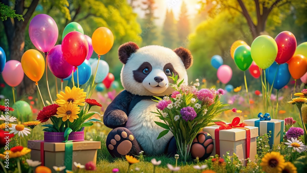 Fototapeta premium A cuddly panda surrounded by vibrant flowers, colorful gifts, and balloons, exuding joy and warmth in a serene and peaceful natural environment setting.