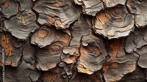 Organic tree bark texture with deep grooves and rich earthy tones, ideal for nature-inspired designs Close-up photo with clean background