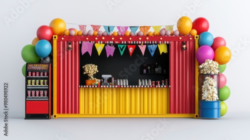 Vibrant concession stand with colorful balloons and festive decorations, perfect for fairs, parties, or events. photo