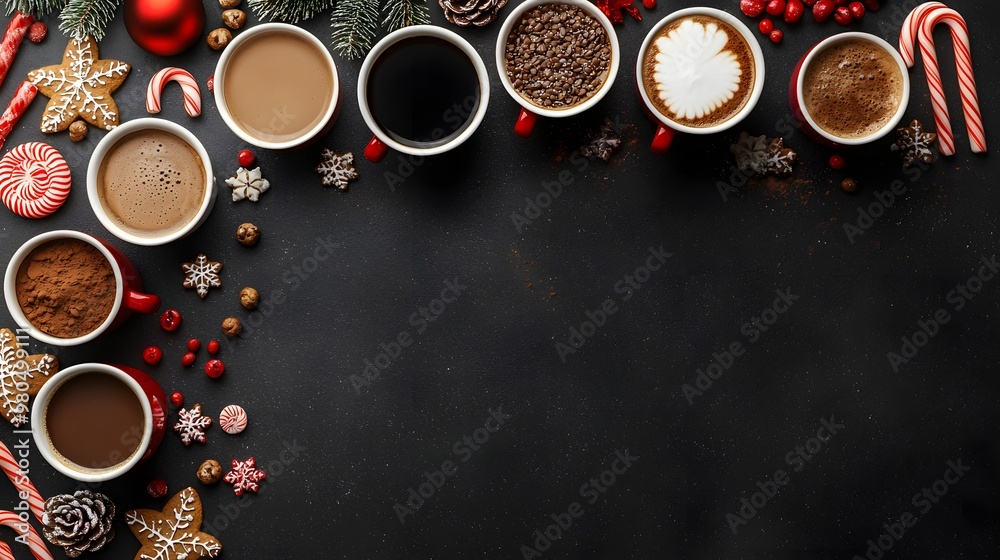A Cozy Holiday Coffee Bar Featuring Festive Treats and Various Delicious Cups of Holiday Beverages. Christmas and Coffee Lover Concept A Cozy Holiday Coffee Bar Featuring Festive Treats and Various Delicious Cups of Holiday Beverages. Christmas and Coffee Lover Concept