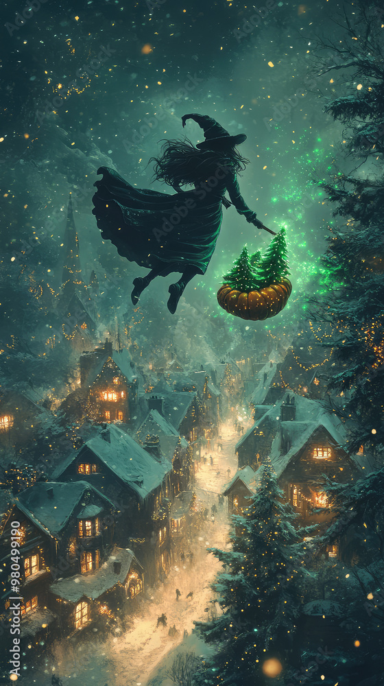 Magical witch flying over snowy village with pumpkins and Christmas trees, festive winter night scene with sparkling lights
Magical witch flying over snowy village with pumpkins and Christmas trees, festive winter night scene with sparkling lights
