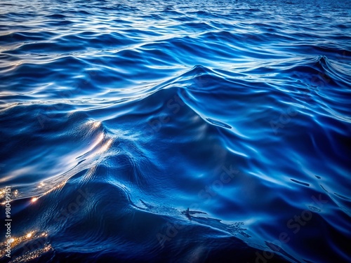 Deep dark blue water texture with subtle wave patterns and slight ripple effects creates a mesmerizing abstract background with a sense of mystery and calmness.