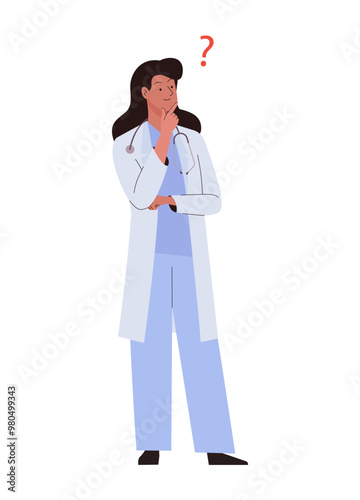 Doctor woman standing in lab coat and stethoscope thinking with question mark. Female medic character with her hand on chin