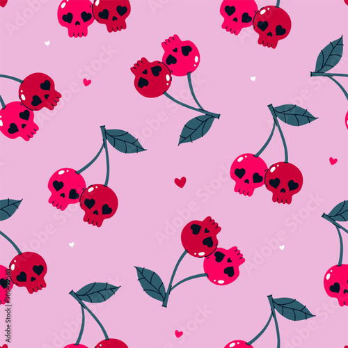 Seamless pattern of cherries skulls on a pink background. Vector graphics.