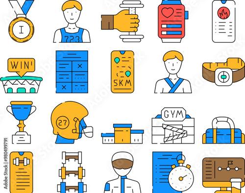 Athlete Sport Equipment And Award Icons Set Vector. Rugby Player Athlete Protective Helmet And Sportive Bag, Fitness Bracelet Gadget And Exercise Description Smartphone App Contour Illustrations