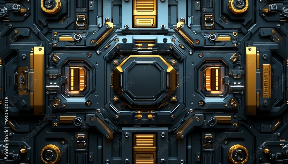 Fototapeta premium Futuristic Abstract Metallic Panel with Geometric Shapes and Glowing Elements