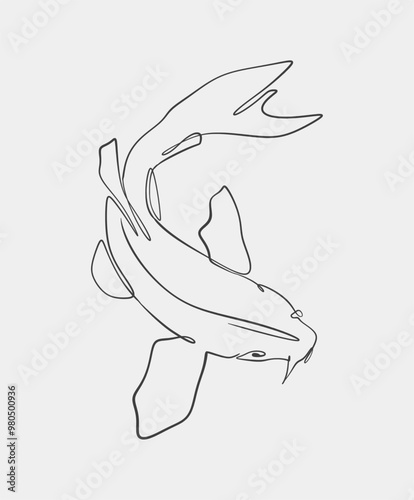 A simple, elegant line drawing of a koi fish, featuring minimalistic design elements and fluid curves on a white background.