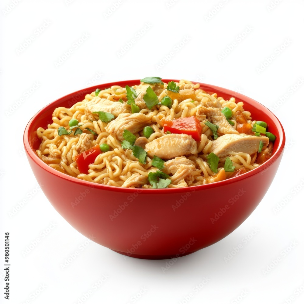 instant chicken noodles placed in Tempting red bowl instant chicken noodles placed in Tempting red bowl