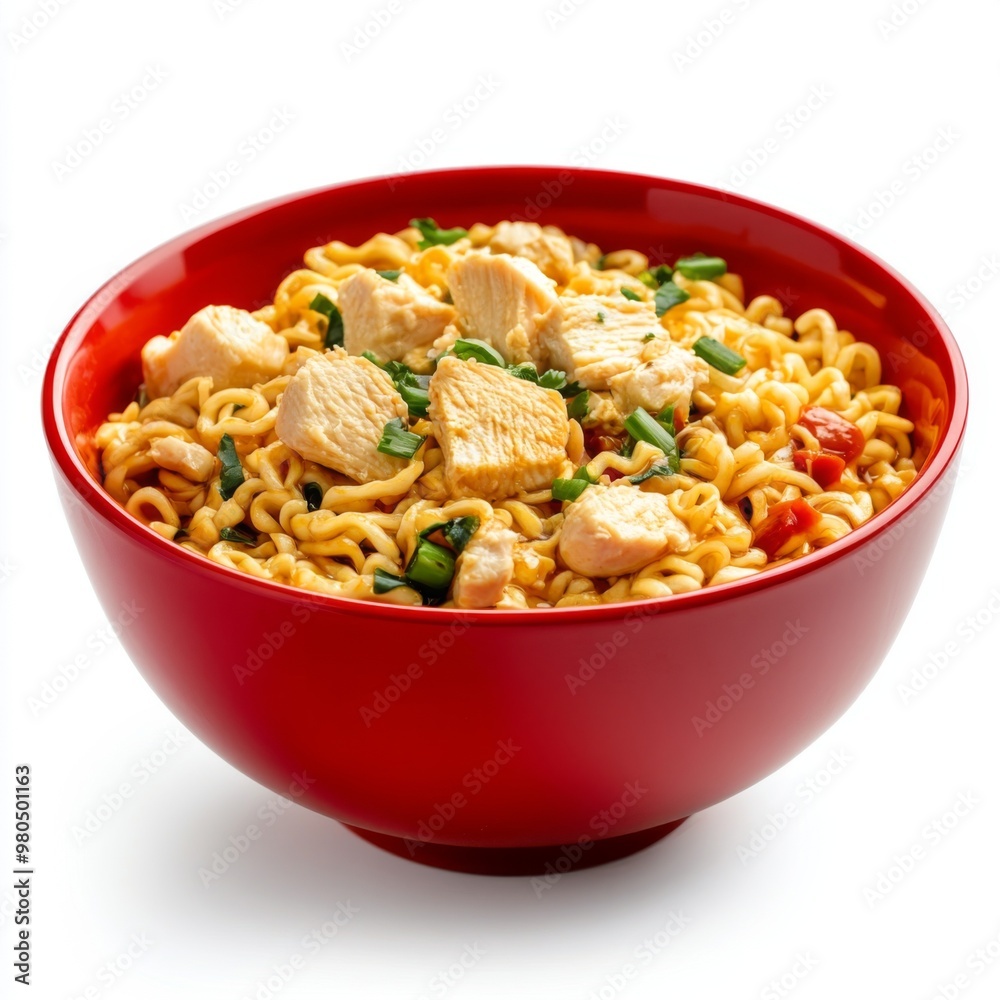 instant chicken noodles placed in Tempting red bowl instant chicken noodles placed in Tempting red bowl