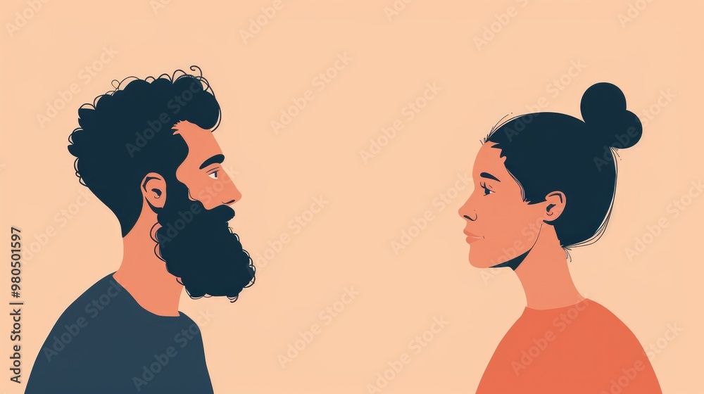 A loving couple stands next to each other against a beige background exchanging tender glances, capturing the joy and passion of Valentine's Day in a sweet and romantic portrait. A loving couple stands next to each other against a beige background exchanging tender glances, capturing the joy and passion of Valentine's Day in a sweet and romantic portrait.