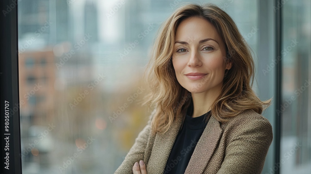 Portrait of a Woman Smiling in a Brown Blazer Against a City Window Portrait of a Woman Smiling in a Brown Blazer Against a City Window