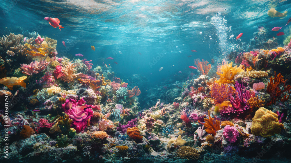 Fototapeta premium Vibrant coral reef teeming with colorful sea creatures, showcasing diverse underwater ecosystem. scene captures beauty and fragility of marine life