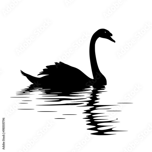 Elegant Black Swan Silhouette on Water, Silhouette of a serene black swan gliding on calm waters, evoking tranquility and grace in a minimalist design.
