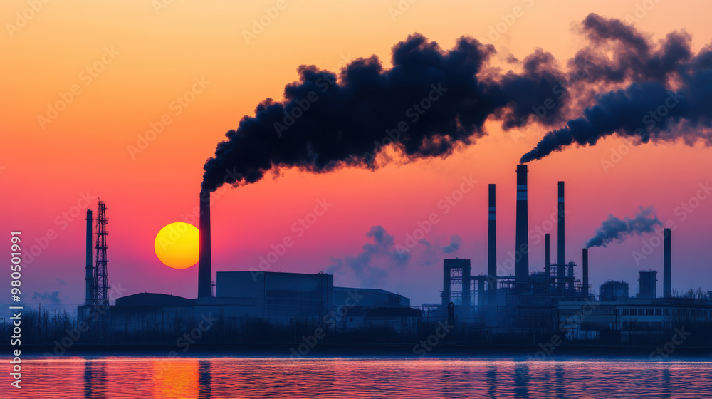 factory is releasing thick black smoke into air during vibrant sunset, creating striking contrast against colorful sky factory is releasing thick black smoke into air during vibrant sunset, creating striking contrast against colorful sky