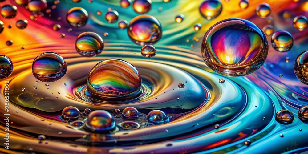 Vibrant oil droplets suspended on water's surface, forming an mesmerizing abstract pattern of swirling colors, refracting light and creating a psychedelic effect.