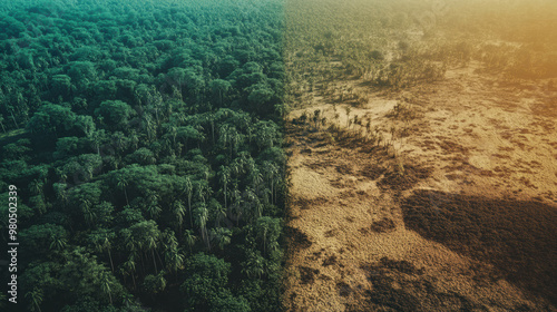 image showcases striking contrast between lush green forest and dry desert landscape, highlighting transition from vibrant vegetation to arid terrain. This visual representation evokes sense of envir photo